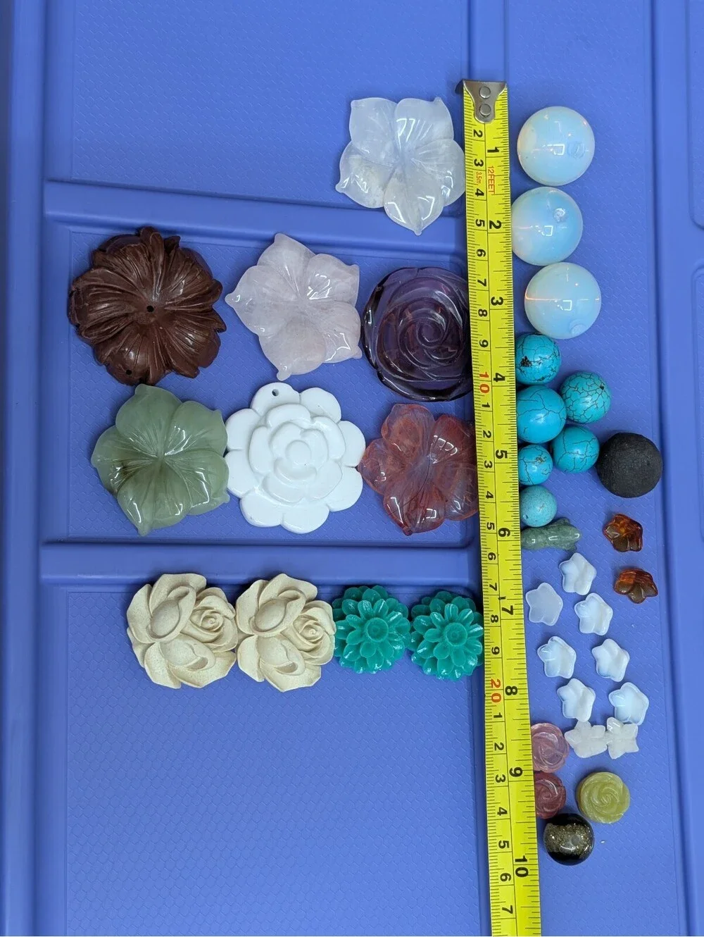 Vintage Carved Gemstone & Resin Flower Beads 37 Piece Bead Lot Opalite Quartz